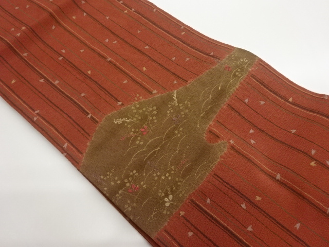 JAPANESE NAGOYA OBI / CHIRIMEN / EMBROIDERY / SAKURA & PLANTS
